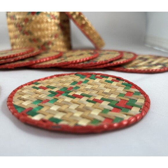 Vintage Wicker Coasters (11) In Rattan Woven Lidded Basket / Box Mid Century - Picture 3 of 7
